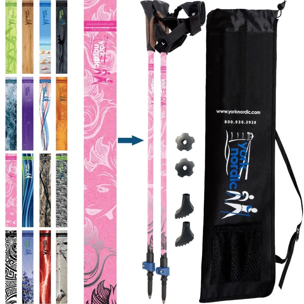 Pink Cure Series Hiking - Trekking - Walking Poles - 2 pack w-flip locks, detachable feet and travel bag - For Heights up to 6’2”