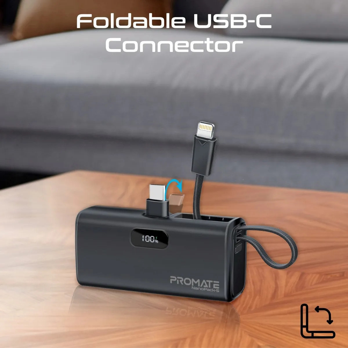 Pocket-Sized, Fast Charging Power Bank with Foldable USB-C Connector and Lightning Cable