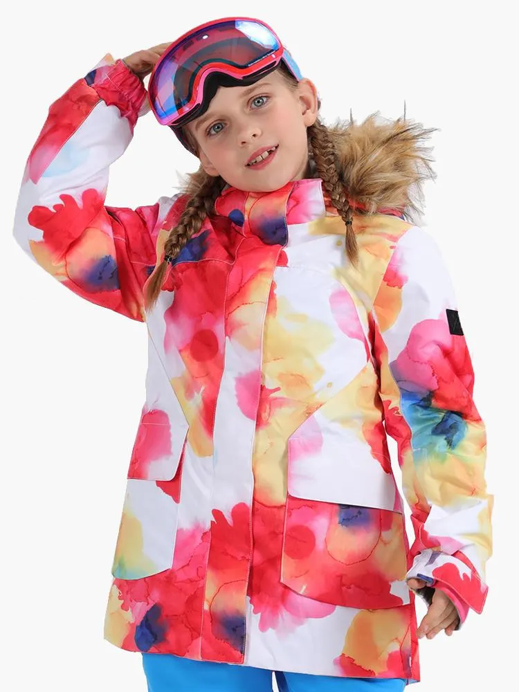 Red Flower Winter Kids Colorful Snowboard Jacket