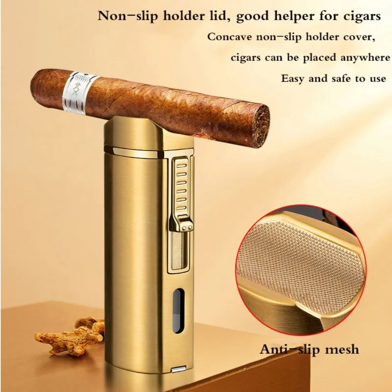 Triple Burner Refillable Butane Jet Torch Lighter - Windproof Lighter - Cigar Holder on Top - Built-in Cigar Punch and fuel level window