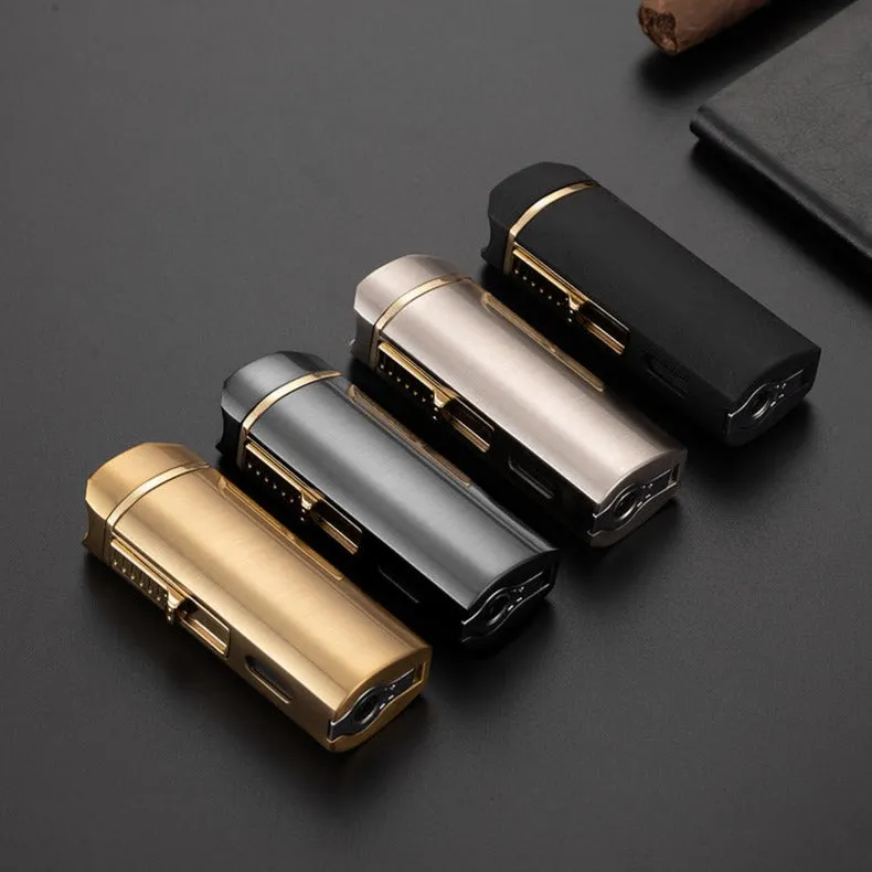 Triple Burner Refillable Butane Jet Torch Lighter - Windproof Lighter - Cigar Holder on Top - Built-in Cigar Punch and fuel level window