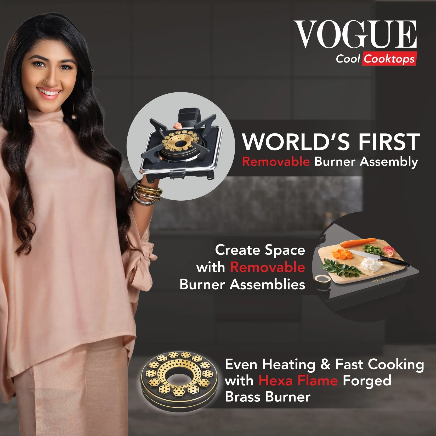 Vidiem VOGUE 4-Burner Gas Cooktop/Hob With Fully Removable Burner Assembly