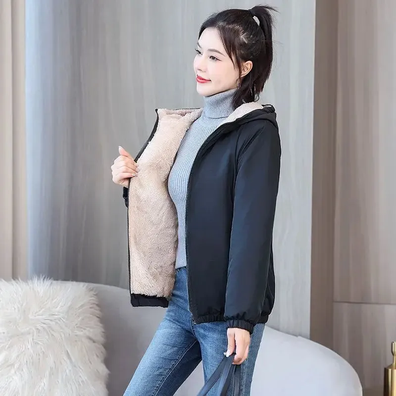 Women's Fleece Coat Winter Warm Thicken Solid Windbreaker Hooded Cotton Plush Hooded Jackets Casual Outdoor Windproof Jacket